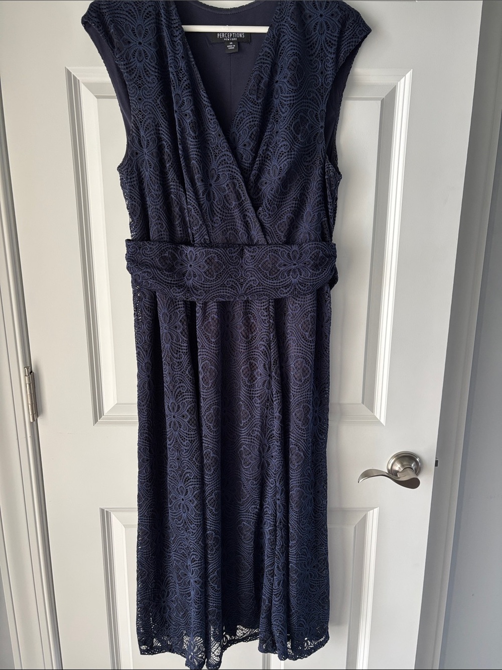 Perceptions Navy Lace Wrap-Style Midi Dress